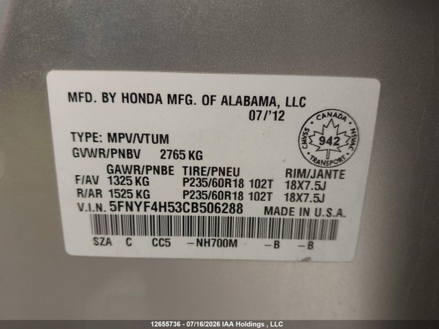 2012 Honda Pilot Ex-l მანქანა იყიდება აუქციონზე, vin: 5FNYF4H53CB506288, აუქციონის ნომერი: 12655736