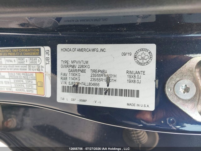 2020 Acura Rdx მანქანა იყიდება აუქციონზე, vin: 5J8TC2H74LL804856, აუქციონის ნომერი: 12655756