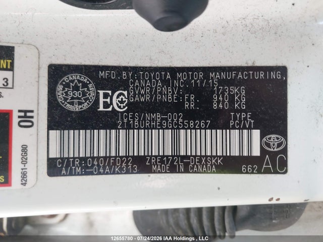 Aukcja sprzedaży 2016 Toyota Corolla S, vin: 2T1BURHE9GC558267, numer aukcji: 12655780