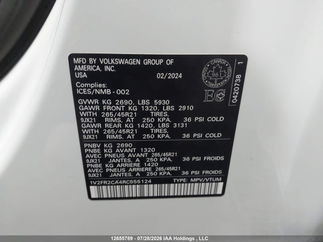 Продажа на аукционе авто 2024 Volkswagen Atlas 2.0 Tsi Execline, vin: 1V2FR2CA4RC555124, номер лота: 12655789