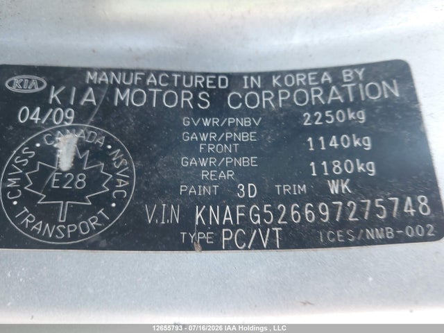 12655793 :رقم المزاد ، KNAFG526697275748 vin ، 2009 Kia Rondo Lx/ex مزاد بيع