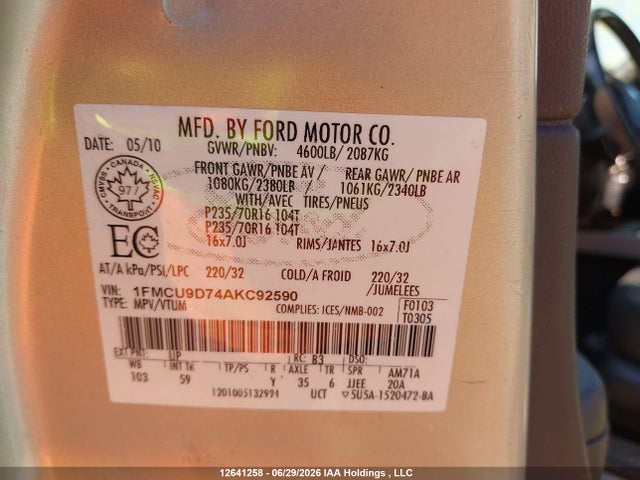 Aukcja sprzedaży 2010 Ford Escape Xlt Automatic, vin: 1FMCU9D74AKC92590, numer aukcji: 12641258