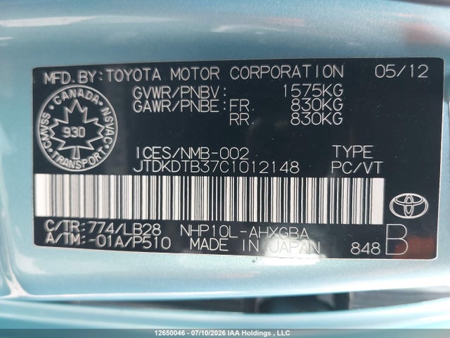 2012 Toyota Prius C Technology მანქანა იყიდება აუქციონზე, vin: JTDKDTB37C1012148, აუქციონის ნომერი: 12650046