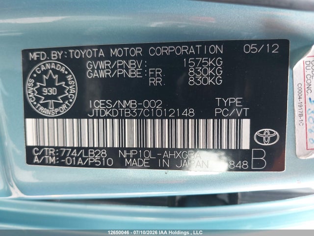 2012 Toyota Prius C Technology მანქანა იყიდება აუქციონზე, vin: JTDKDTB37C1012148, აუქციონის ნომერი: 12650046