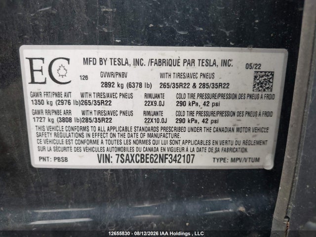Продажа на аукционе авто 2022 Tesla Model X, vin: 7SAXCBE62NF342107, номер лота: 12655830