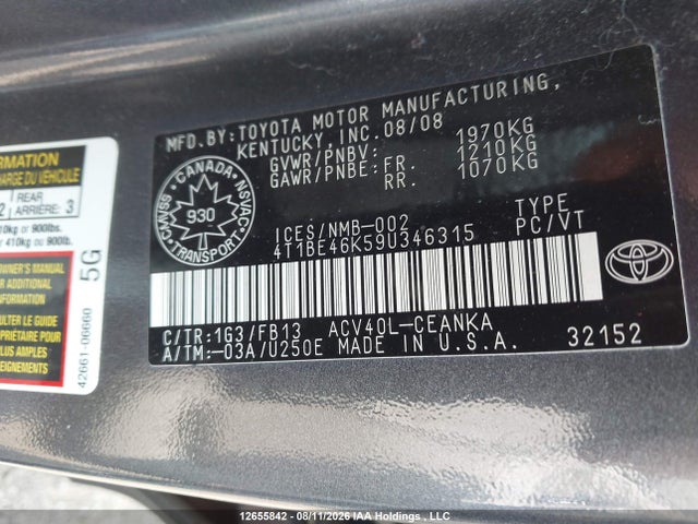 2009 Toyota Camry Se/le/xle მანქანა იყიდება აუქციონზე, vin: 4T1BE46K59U346315, აუქციონის ნომერი: 12655842