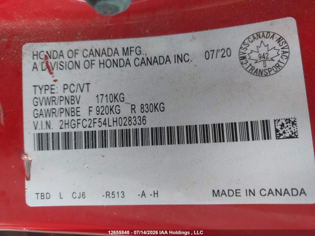 Honda Civic Lx 2020 2HGFC2F54LH028336 Image 9