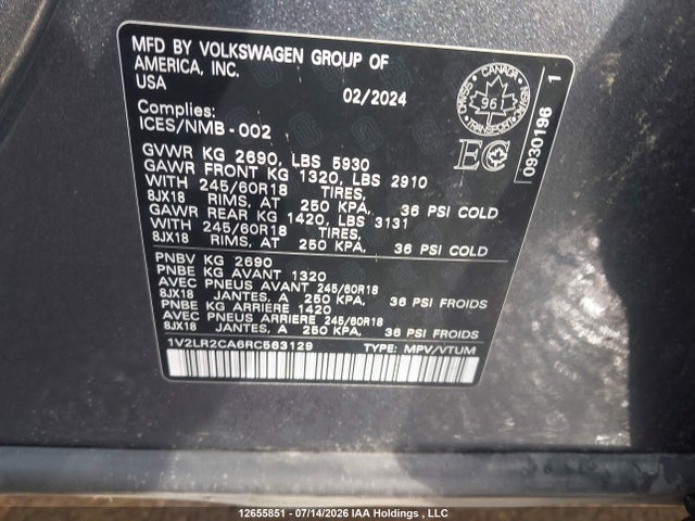 Продажа на аукционе авто 2024 Volkswagen Atlas Se, vin: 1V2LR2CA6RC563129, номер лота: 12655851