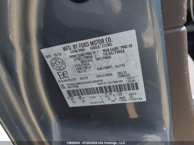 Продаж на аукціоні авто 2010 Ford Escape Xlt Automatic, vin: 1FMCU9DGXAKC20874, номер лоту: 12655854
