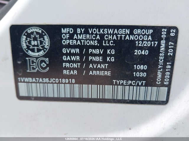 Auction sale of the 2018 Volkswagen Passat, vin: 1VWBA7A35JC018918, lot number: 12655864