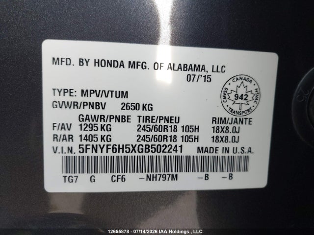 Aukcja sprzedaży 2016 Honda Pilot Ex-l, vin: 5FNYF6H5XGB502241, numer aukcji: 12655878