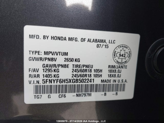 Honda Pilot Ex-l 2016 5FNYF6H5XGB502241 Image 9