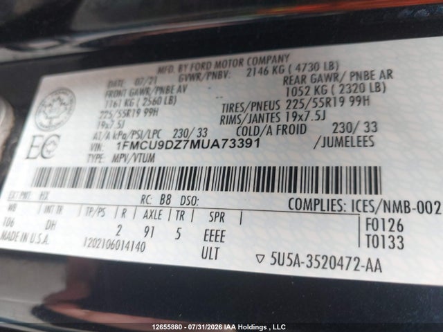Продаж на аукціоні авто 2021 Ford Escape Titanium Hybrid, vin: 1FMCU9DZ7MUA73391, номер лоту: 12655880