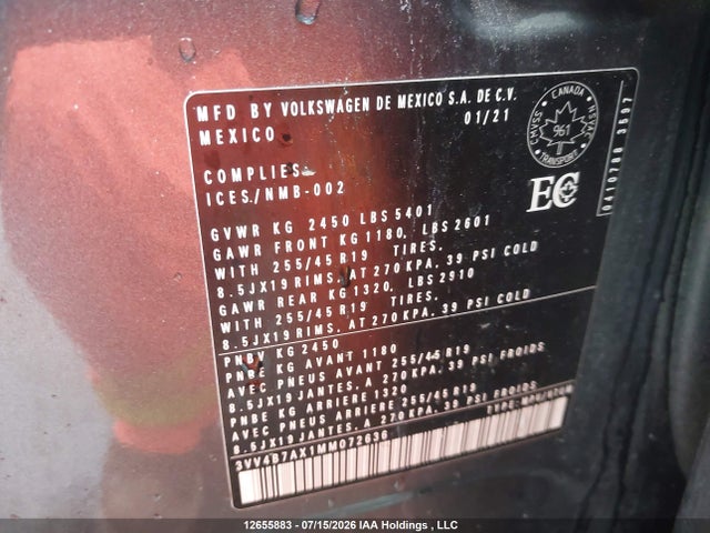 12655883 :رقم المزاد ، 3VV4B7AX1MM072636 vin ، 2021 Volkswagen Tiguan Sel Premium R-line مزاد بيع