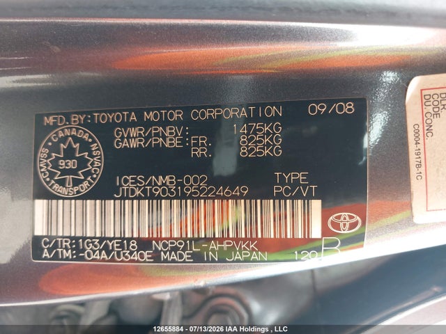 Aukcja sprzedaży 2009 Toyota Yaris Rs, vin: JTDKT903195224649, numer aukcji: 12655884