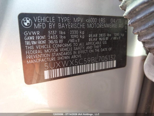 Продаж на аукціоні авто 2011 Bmw X3 Xdrive28i, vin: 5UXWX5C59BL705132, номер лоту: 12655896