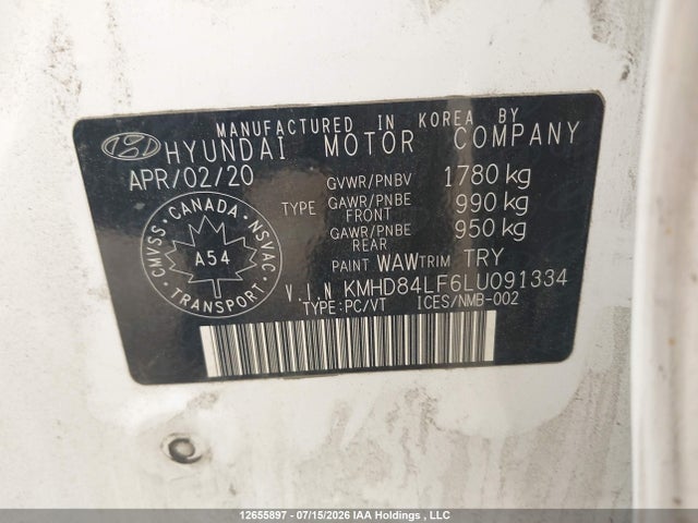 12655897 :رقم المزاد ، KMHD84LF6LU091334 vin ، 2020 Hyundai Elantra Sel/value/limited مزاد بيع
