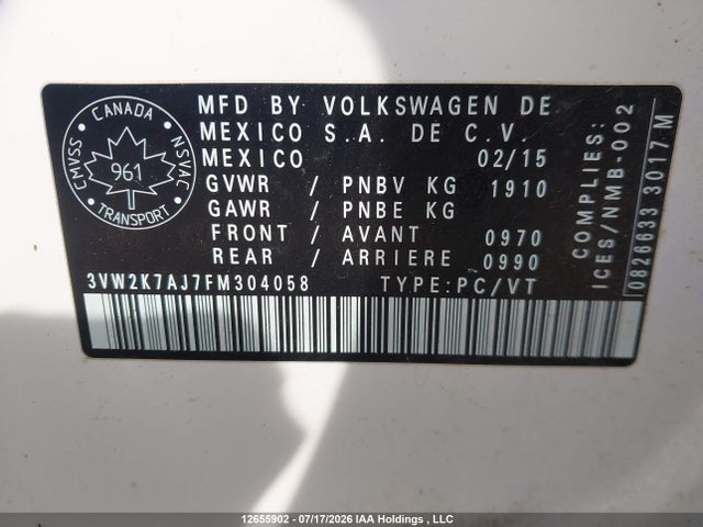 Продажа на аукционе авто 2015 Volkswagen Jetta 2.0l Trendline/2.0l Trendline+, vin: 3VW2K7AJ7FM304058, номер лота: 12655902