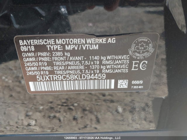 BMW X3 Xdrive30i 2019 5UXTR9C58KLD94459 Image 9