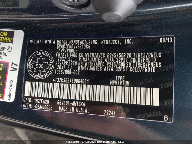 4T3ZK3BBXEU064051 Toyota Venza Le/xle/limited