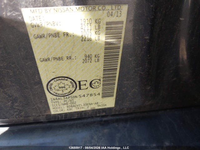 12655917 :رقم المزاد ، 1N4AL3AP5DN547854 vin ، 2013 Nissan Altima 2.5/2.5 S/2.5 Sl/2.5 Sv مزاد بيع