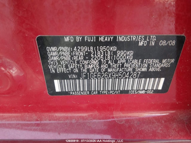Продажа на аукционе авто 2009 Subaru Impreza 2.5i, vin: JF1GE626X9H504287, номер лота: 12655919