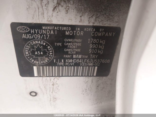 12655920 :رقم المزاد ، KMHD84LF6JU537608 vin ، 2018 Hyundai Elantra Gl Se مزاد بيع