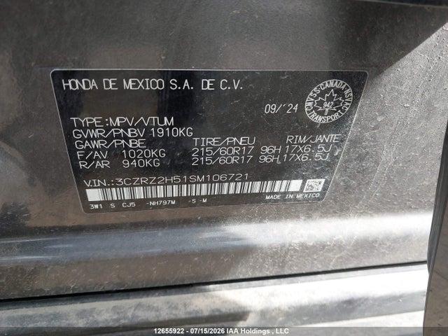 12655922 :رقم المزاد ، 3CZRZ2H51SM106721 vin ، 2025 Honda Hr-v Sport-b مزاد بيع
