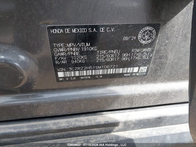 12655922 :رقم المزاد ، 3CZRZ2H51SM106721 vin ، 2025 Honda Hr-v Sport-b مزاد بيع