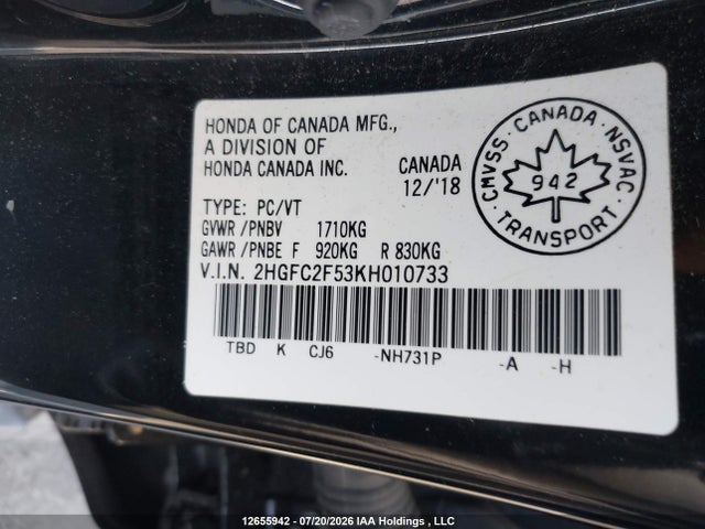 Aukcja sprzedaży 2019 Honda Civic Lx, vin: 2HGFC2F53KH010733, numer aukcji: 12655942