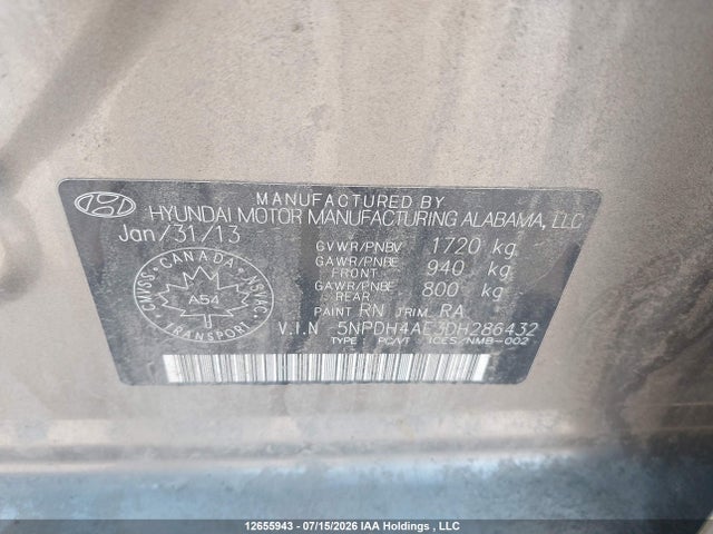 2013 Hyundai Elantra Gls/limited მანქანა იყიდება აუქციონზე, vin: 5NPDH4AE3DH286432, აუქციონის ნომერი: 12655943