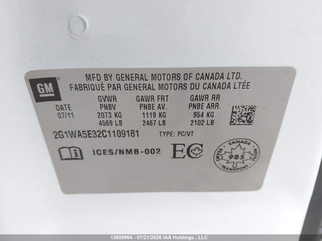 2012 Chevrolet Impala Ls მანქანა იყიდება აუქციონზე, vin: 2G1WA5E32C1109181, აუქციონის ნომერი: 12655964