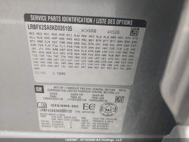 Aukcja sprzedaży 2019 Buick Envision, vin: LRBFX2SA8KD026105, numer aukcji: 12655967