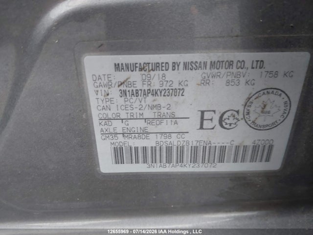 3N1AB7AP4KY237072 Nissan Sentra S/sv/sr/sl