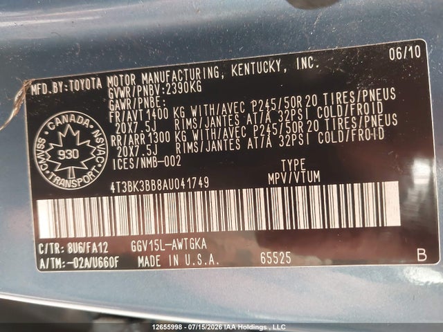 2010 Toyota Venza მანქანა იყიდება აუქციონზე, vin: 4T3BK3BB8AU041749, აუქციონის ნომერი: 12655998