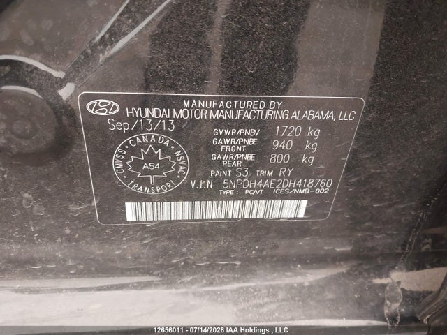 12656011 :رقم المزاد ، 5NPDH4AE2DH418760 vin ، 2013 Hyundai Elantra Gls/limited مزاد بيع