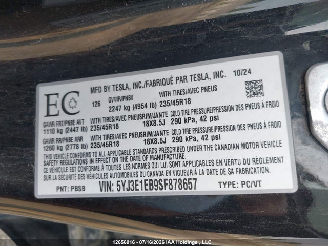 Продажа на аукционе авто 2025 Tesla Model 3, vin: 5YJ3E1EB9SF878657, номер лота: 12656016