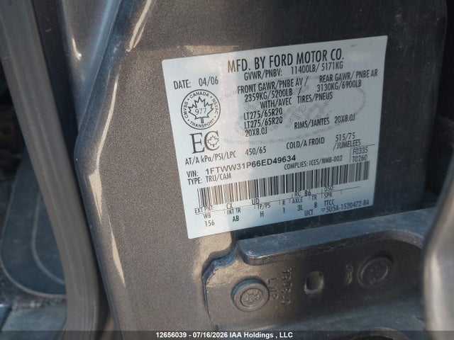 12656039 :رقم المزاد ، 1FTWW31P66ED49634 vin ، 2006 Ford F350 Srw Super Duty مزاد بيع