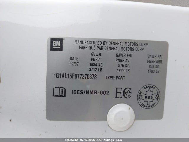 2007 Chevrolet Cobalt Lt მანქანა იყიდება აუქციონზე, vin: 1G1AL15F077276378, აუქციონის ნომერი: 12656042