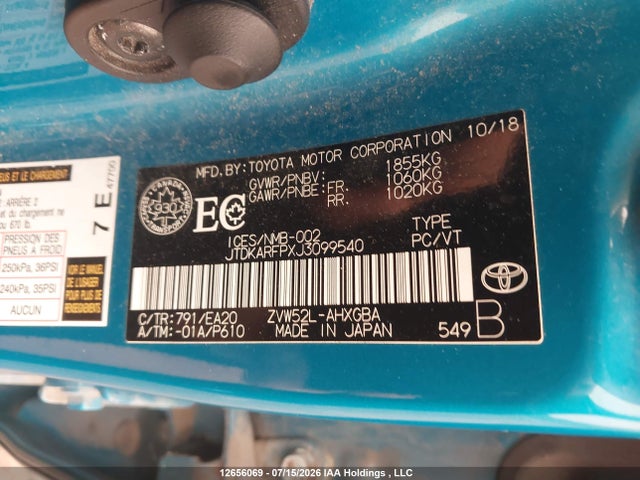 12656069 :رقم المزاد ، JTDKARFPXJ3099540 vin ، 2018 Toyota Prius Prime Upgrade مزاد بيع