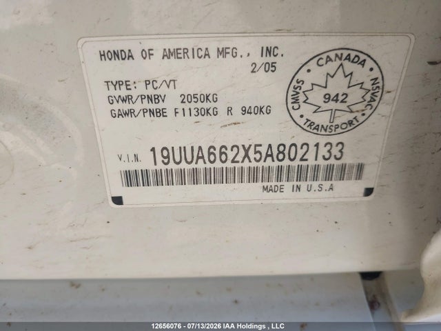 Aukcja sprzedaży 2005 Acura Tl, vin: 19UUA662X5A802133, numer aukcji: 12656076