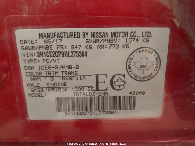 Aukcja sprzedaży 2017 Nissan Versa Note 1.6 S/1.6 Sl/1.6 Sr/1.6 Sv, vin: 3N1CE2CP9HL373364, numer aukcji: 12656079
