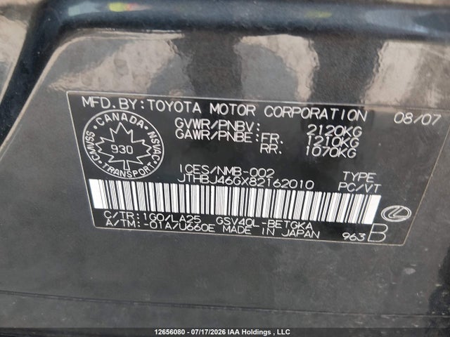 2008 Lexus Es 350 350 მანქანა იყიდება აუქციონზე, vin: JTHBJ46GX82162010, აუქციონის ნომერი: 12656080