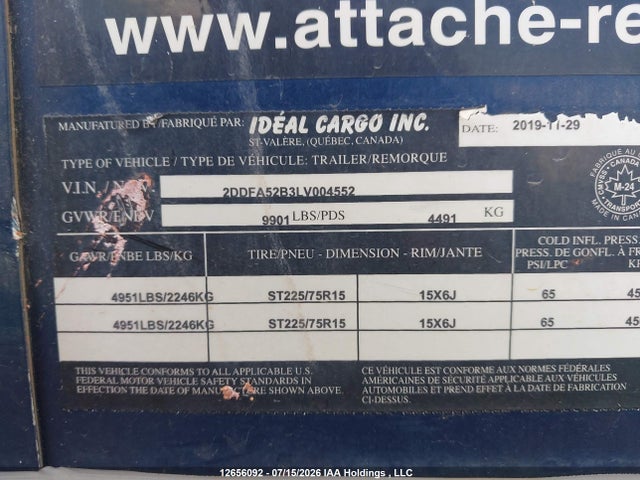 12656092 :رقم المزاد ، 2DDFA52B3LV004552 vin ، 2020 Ideal Cargo Cargo Trailer مزاد بيع