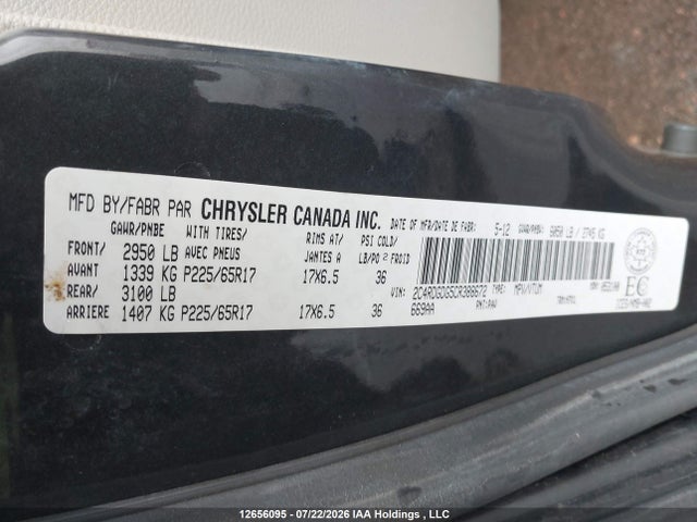 12656095 :رقم المزاد ، 2C4RDGDG5CR388672 vin ، 2012 Dodge Grand Caravan Crew مزاد بيع