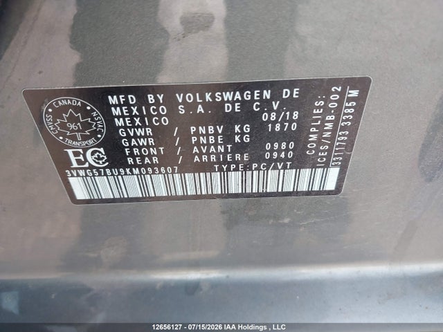 12656127 :رقم المزاد ، 3VWG57BU9KM093607 vin ، 2019 Volkswagen Jetta Sel Premium مزاد بيع