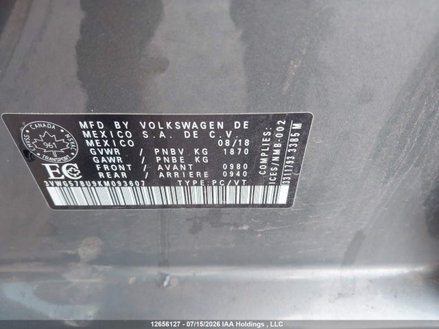 12656127 :رقم المزاد ، 3VWG57BU9KM093607 vin ، 2019 Volkswagen Jetta Sel Premium مزاد بيع
