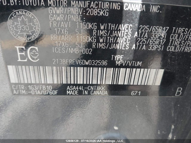 2013 Toyota Rav4 Le მანქანა იყიდება აუქციონზე, vin: 2T3BFREV6DW032596, აუქციონის ნომერი: 12656129