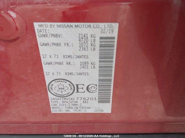 12656136 :رقم المزاد ، 5N1AT2MV5KC776201 vin ، 2019 Nissan Rogue S/sl/sv مزاد بيع