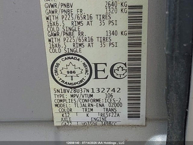 Продаж на аукціоні авто 2007 Nissan Quest S/se/sl, vin: 5N1BV28U37N132742, номер лоту: 12656140
